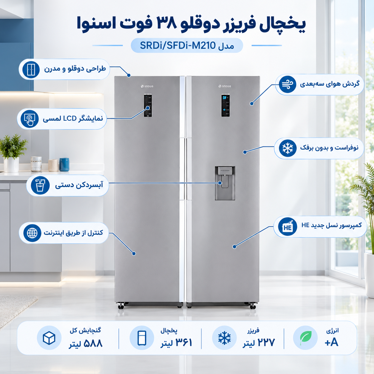 یخچال فریزر دوقلو 38 فوت اسنوا مدل SRDi/SFDi-M210